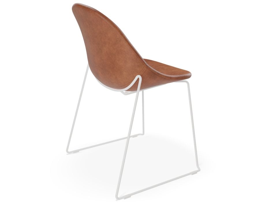 Pebble Chair Tan Upholstered Vintage Seat - Sled Base - White