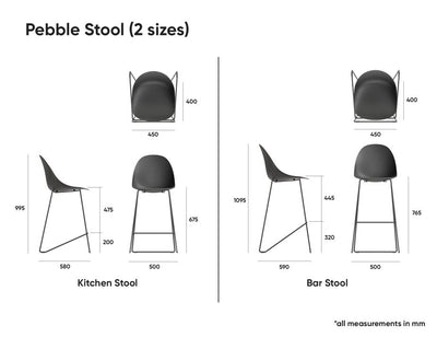 Pebble Blue Stool Shell Seat - Counter Stool 65cm Seat - Black Base