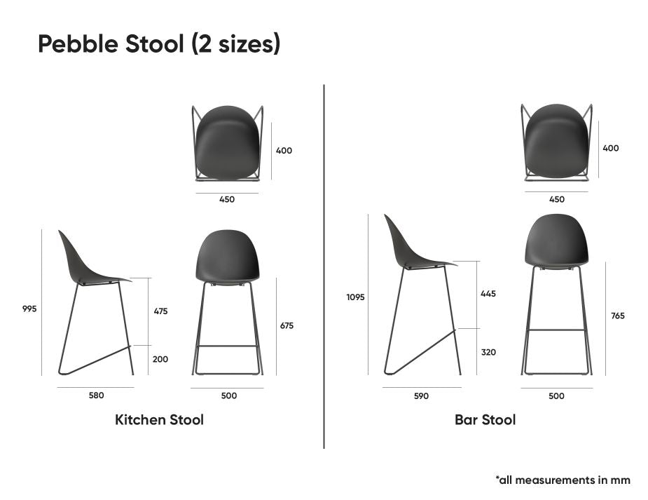 Pebble Stool Black Upholstered Vintage Seat - Bar Stool 75cm Seat