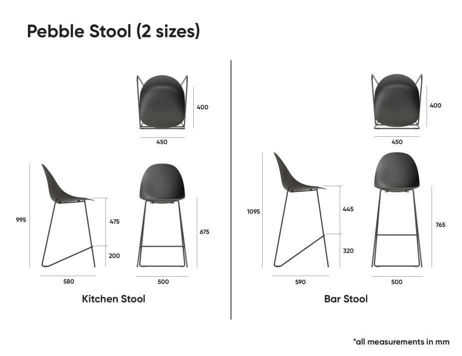 Pebble Grey Stool Shell Seat - Bar Stool 76 Seat Height - Black Frame