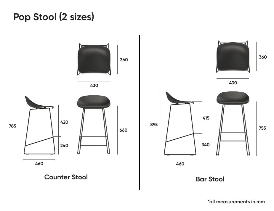 Pop Stool - Black Frame and Fabric Light Grey Seat - 75cm Commercial Bar Height