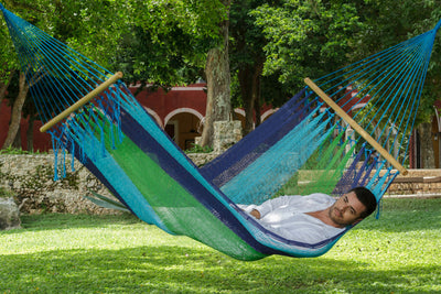 Mayan Legacy Queen Size Outdoor Cotton Mexican Resort Hammock No Fringe in Oceanica Colour