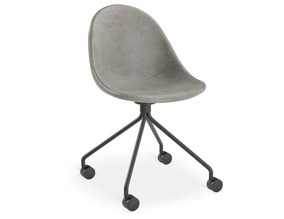 Pebble Chair Grey Upholstered Vintage Seat - Pyramid Fixed Base with Castors - Black