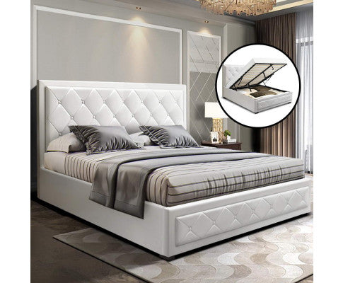 Artiss Bed Frame Queen Size Gas Lift White TIYO