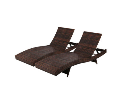 Gardeon 2PC Sun Lounge Wicker Lounger Outdoor Furniture Beach Chair Garden Adjustable Brown