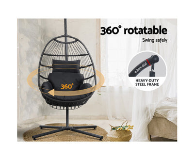 Gardeon Outdoor Egg Swing Chair Wicker Rope Furniture Pod Stand Foldable Grey