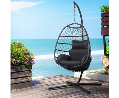 Gardeon Outdoor Egg Swing Chair Wicker Rope Furniture Pod Stand Foldable Grey