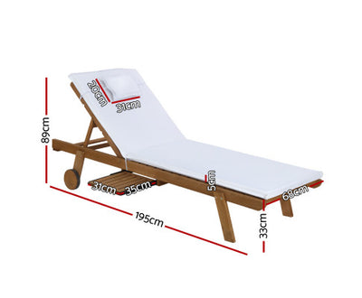 Gardeon 2x Sun Lounge Wooden Lounger Outdoor Furniture Day Bed Wheel Patio White