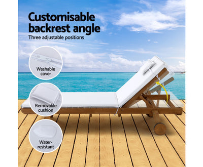 Gardeon 2x Sun Lounge Wooden Lounger Outdoor Furniture Day Bed Wheel Patio White