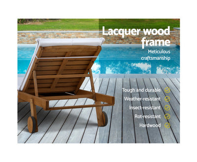 Gardeon 2x Sun Lounge Wooden Lounger Outdoor Furniture Day Bed Wheel Patio White