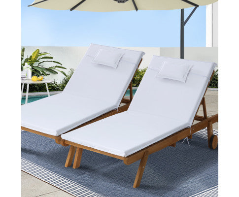 Gardeon 2x Sun Lounge Wooden Lounger Outdoor Furniture Day Bed Wheel Patio White