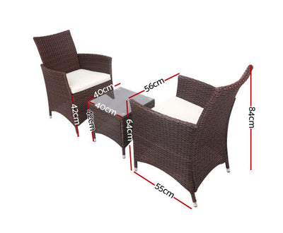 Gardeon 3PC Outdoor Bistro Set Patio Furniture Wicker Setting Chairs Table Cushion Brown