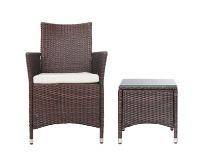 Gardeon 3PC Outdoor Bistro Set Patio Furniture Wicker Setting Chairs Table Cushion Brown