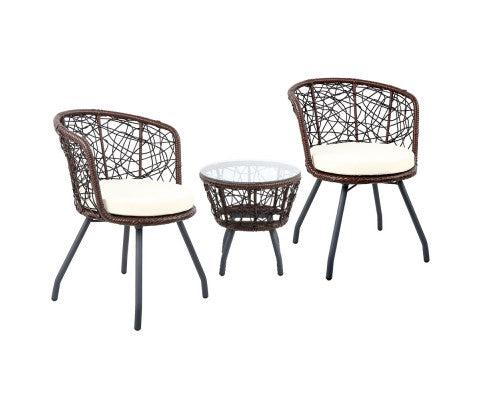 Gardeon 3PC Bistro Set Outdoor Furniture Rattan Table Chairs Patio Garden Cushion Brown