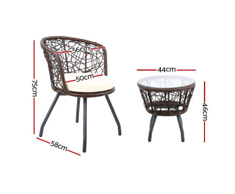 Gardeon 3PC Bistro Set Outdoor Furniture Rattan Table Chairs Patio Garden Cushion Brown