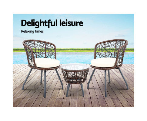 Gardeon 3PC Bistro Set Outdoor Furniture Rattan Table Chairs Patio Garden Cushion Brown