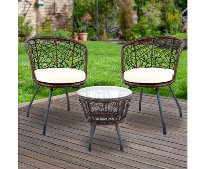 Gardeon 3PC Bistro Set Outdoor Furniture Rattan Table Chairs Patio Garden Cushion Brown