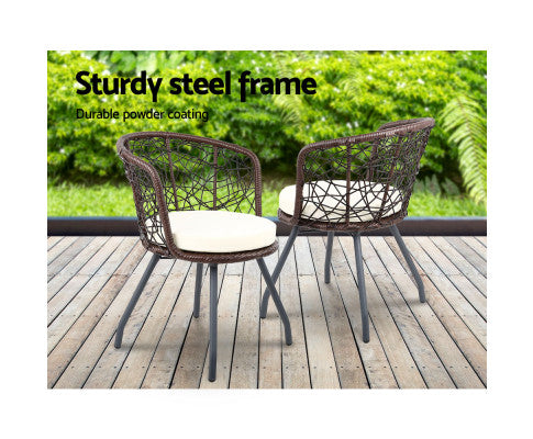 Gardeon 3PC Bistro Set Outdoor Furniture Rattan Table Chairs Patio Garden Cushion Brown