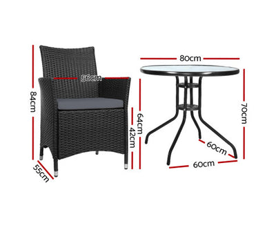 Gardeon 3PC Bistro Set Outdoor Furniture Rattan Table Chairs Cushion Patio Garden Idris