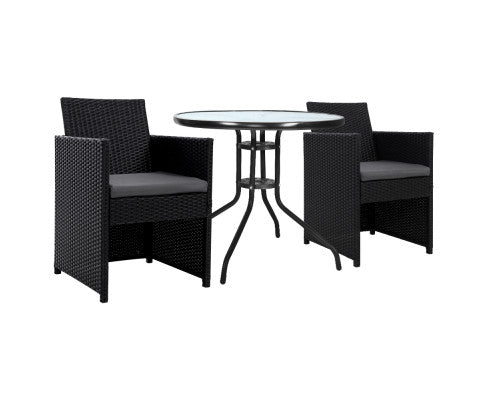 Gardeon 3PC Bistro Set Outdoor Furniture Rattan Table Chairs Cushion Patio Garden Hugo