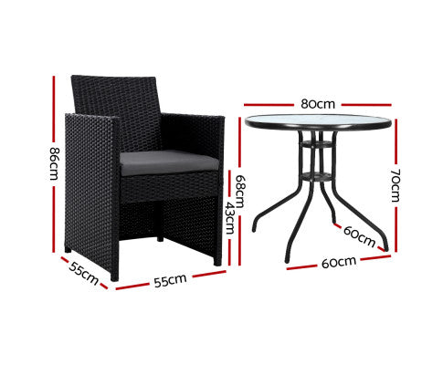 Gardeon 3PC Bistro Set Outdoor Furniture Rattan Table Chairs Cushion Patio Garden Hugo