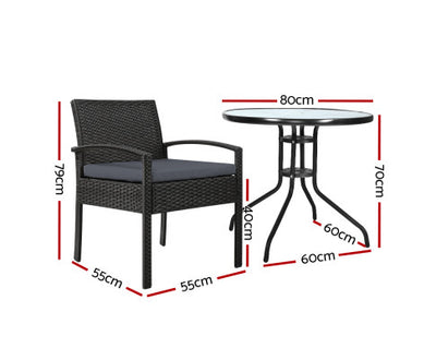 Gardeon 3PC Bistro Set Outdoor Furniture Rattan Table Chairs Cushion Patio Garden Felix