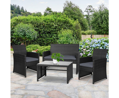 Gardeon 4 PCS Outdoor Lounge Setting Wicker Sofa Set Black Storage Cover