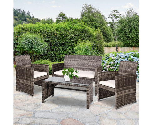 Gardeon 4 PCS Outdoor Lounge Setting Wicker Sofa Set Garden Furniture Grey