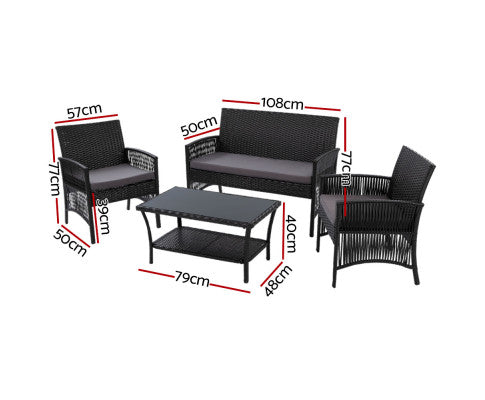 Gardeon 4PCS Outdoor Lounge Setting Sofa Set Patio Wicker Furniture Black Cover