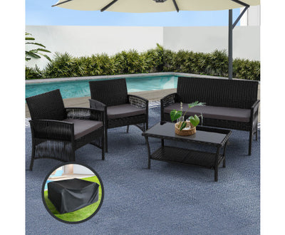 Gardeon 4PCS Outdoor Lounge Setting Sofa Set Patio Wicker Furniture Black Cover