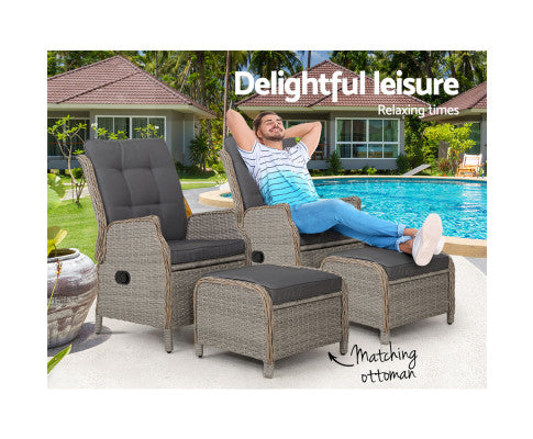 Gardeon Set of 2 Recliner Chairs Sun lounge Outdoor Patio Furniture Wicker Sofa Lounger