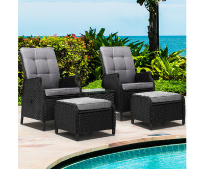 Gardeon 5PC Recliner Chairs Table Sun lounge Wicker Outdoor Furniture Adjustable Black