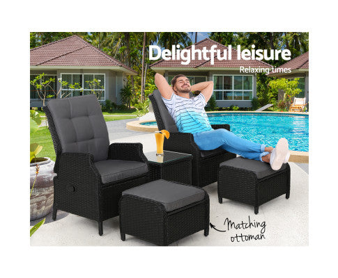 Gardeon 5PC Recliner Chairs Table Sun lounge Wicker Outdoor Furniture Adjustable Black