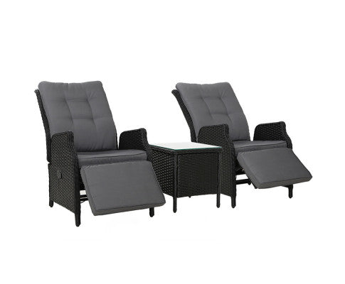 Gardeon 3PC Recliner Chairs Table Sun lounge Outdoor Furniture Wicker Adjustable Black