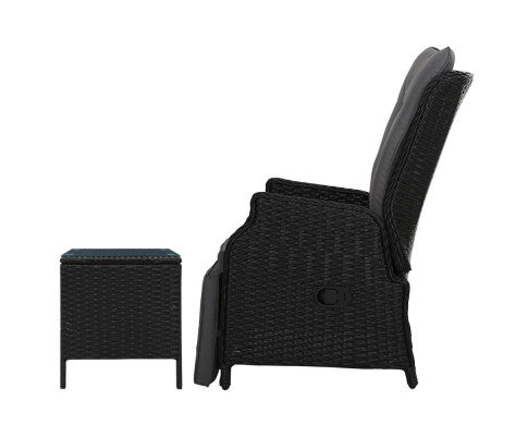 Gardeon 3PC Recliner Chairs Table Sun lounge Outdoor Furniture Wicker Adjustable Black