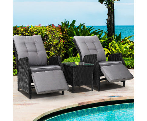 Gardeon 3PC Recliner Chairs Table Sun lounge Outdoor Furniture Wicker Adjustable Black