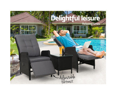 Gardeon 3PC Recliner Chairs Table Sun lounge Outdoor Furniture Wicker Adjustable Black