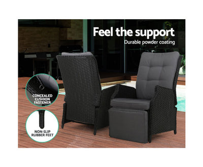 Gardeon 3PC Recliner Chairs Table Sun lounge Outdoor Furniture Wicker Adjustable Black