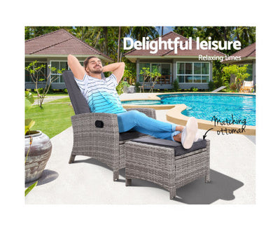 Gardeon Recliner Chair Sun lounge Wicker Lounger Outdoor Patio Furniture Adjustable Grey