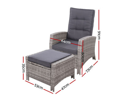 Gardeon 2PC Recliner Chairs Sun lounge Wicker Lounger Outdoor Furniture Adjustable Grey