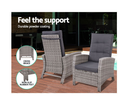 Gardeon 2PC Recliner Chairs Sun lounge Wicker Lounger Outdoor Furniture Adjustable Grey