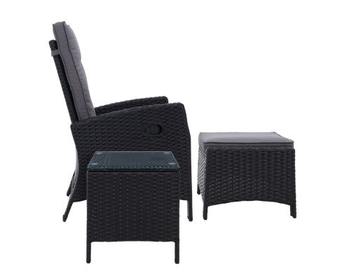 Gardeon 3PC Recliner Chairs Table Sun lounge Wicker Outdoor Furniture Adjustable Black