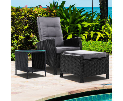 Gardeon 3PC Recliner Chairs Table Sun lounge Wicker Outdoor Furniture Adjustable Black