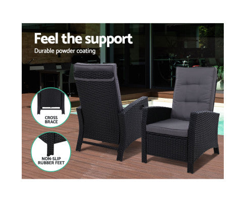 Gardeon 3PC Recliner Chairs Table Sun lounge Wicker Outdoor Furniture Adjustable Black