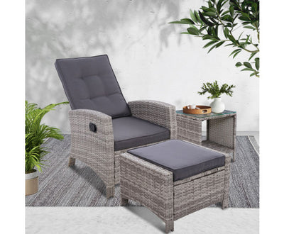 Gardeon 3PC Recliner Chairs Table Sun lounge Wicker Outdoor Furniture Adjustable Grey