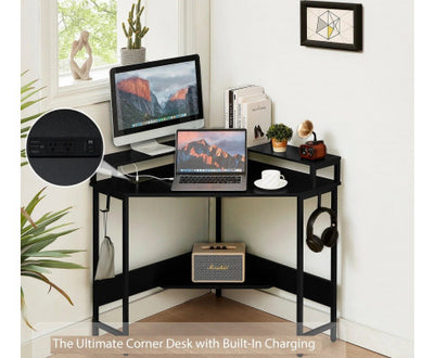 L-Shaped Desk with Built-In Charging Station, Black