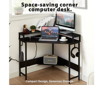 L-Shaped Desk with Built-In Charging Station, Black