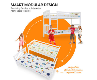 Kingston Slumber Wooden Kids Bunk Bed Frame, with Modular Design that can convert to 2 Single, White