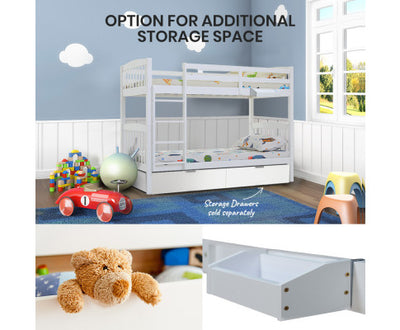 Kingston Slumber Wooden Kids Bunk Bed Frame, with Modular Design that can convert to 2 Single, White