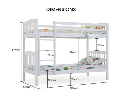 Kingston Slumber Wooden Kids Bunk Bed Frame, with Modular Design that can convert to 2 Single, White